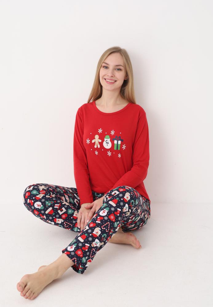 Pijama dama Craciun,maneca lunga si pantaloni lungi,imprimeu figurine festive, En-gros